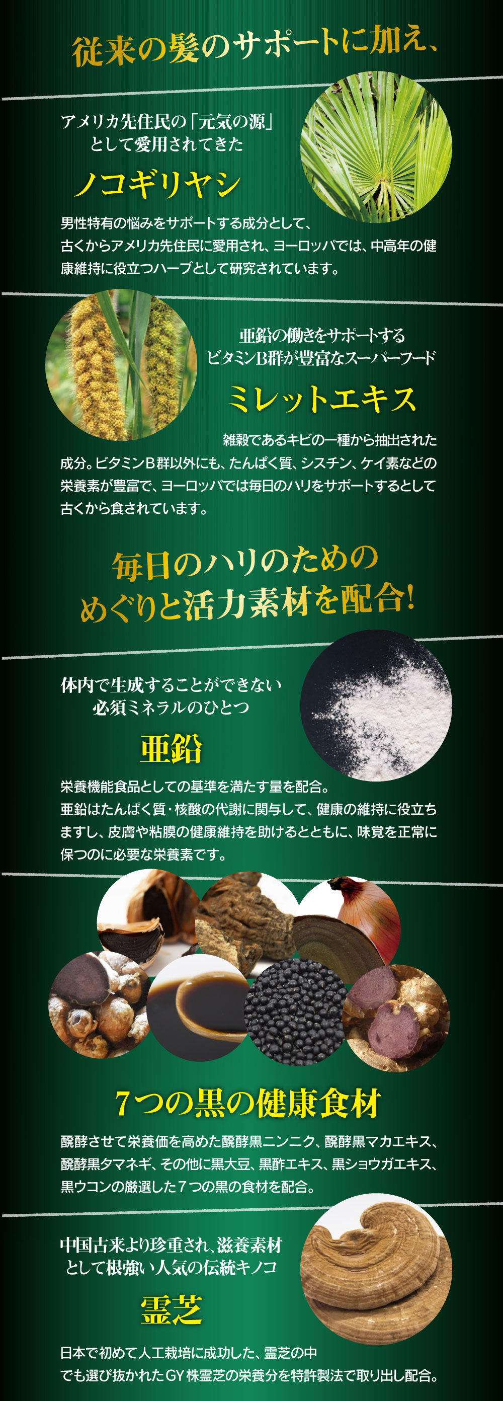 亜鉛（栄養機能食品）、7種の黒素材（発酵黒にんにく、発酵黒マカ、発酵黒タマネギ、黒ショウガエキス、黒ウコン、黒大豆エキス、黒酢エキス）、霊芝、ノコギリヤシ、ミレットエキス配合